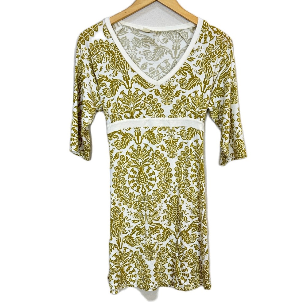 Athleta V-Neck Jersey Knit Dress White/Lime Tie Waist 3/4 Sleeve Women’s XL